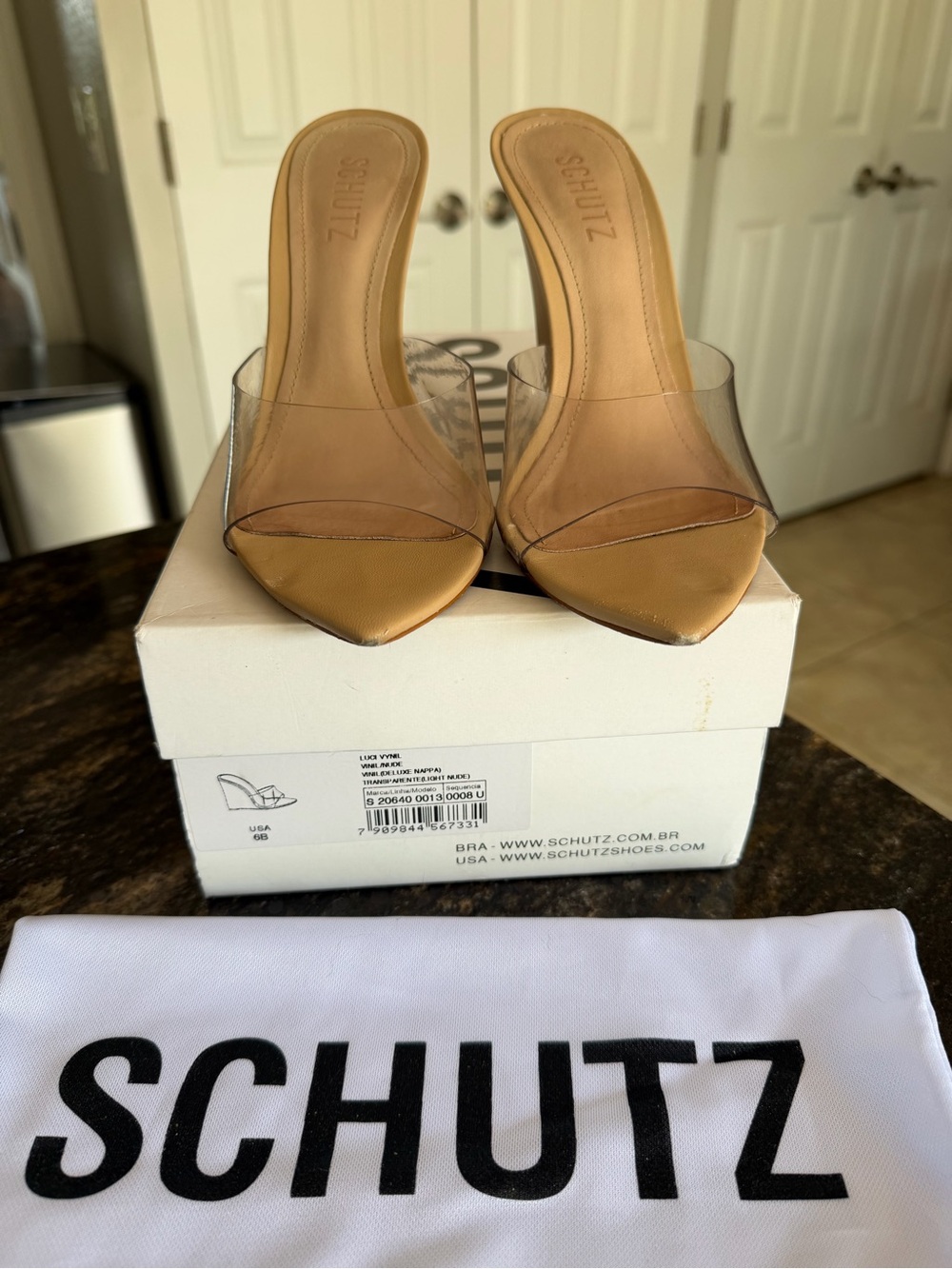 SCHUTZ Tan Pointed Clear Strap Mule Heels